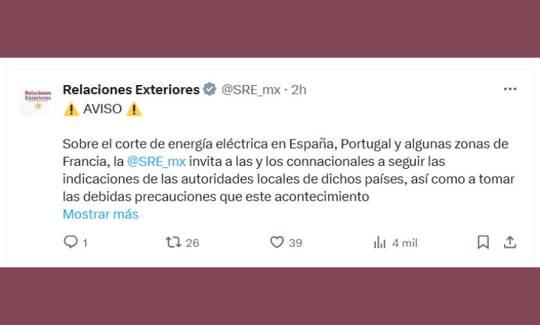 SRE pide seguir indicaciones por apagones en España y Portugal